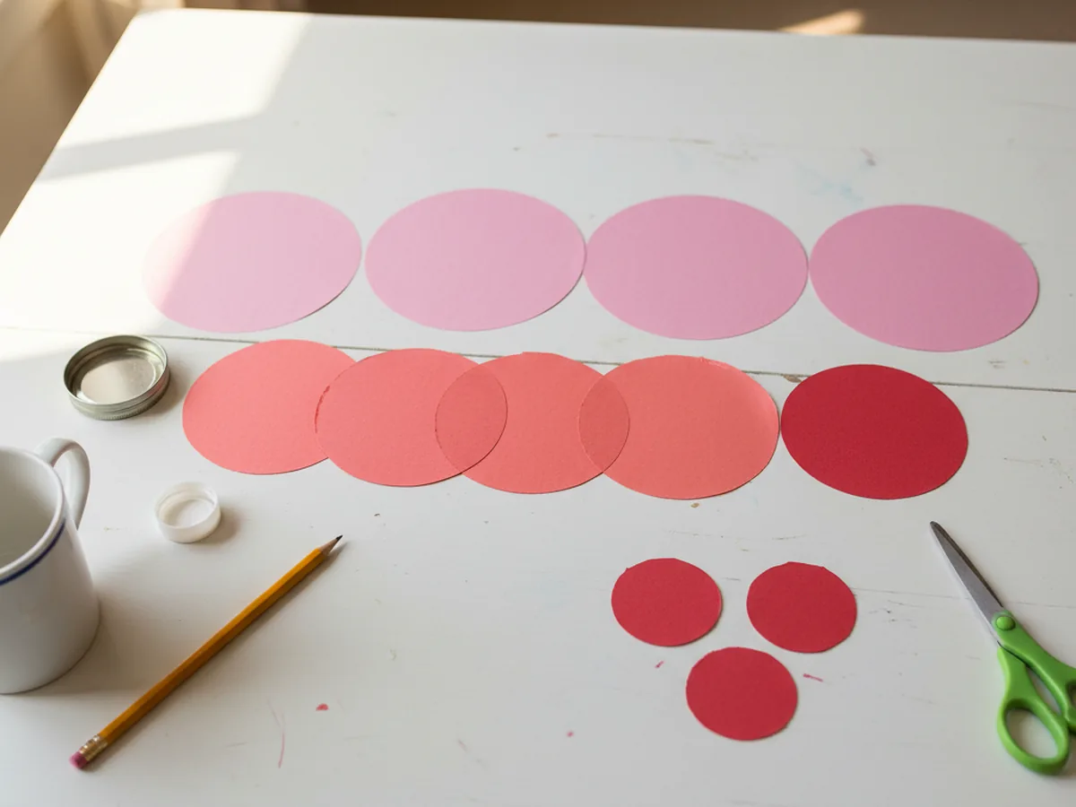 Colorful paper circles of three different sizes cut out and arranged on a white craft table, ready to be folded