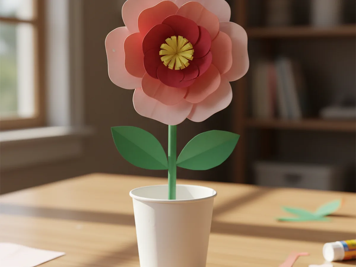 Completed 3D paper flower craft with a green paper stem and two leaves attached, displayed on a craft table