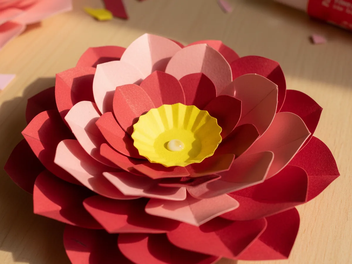 A small ruffled paper circle being placed at the center of the layered 3D paper flower to complete it