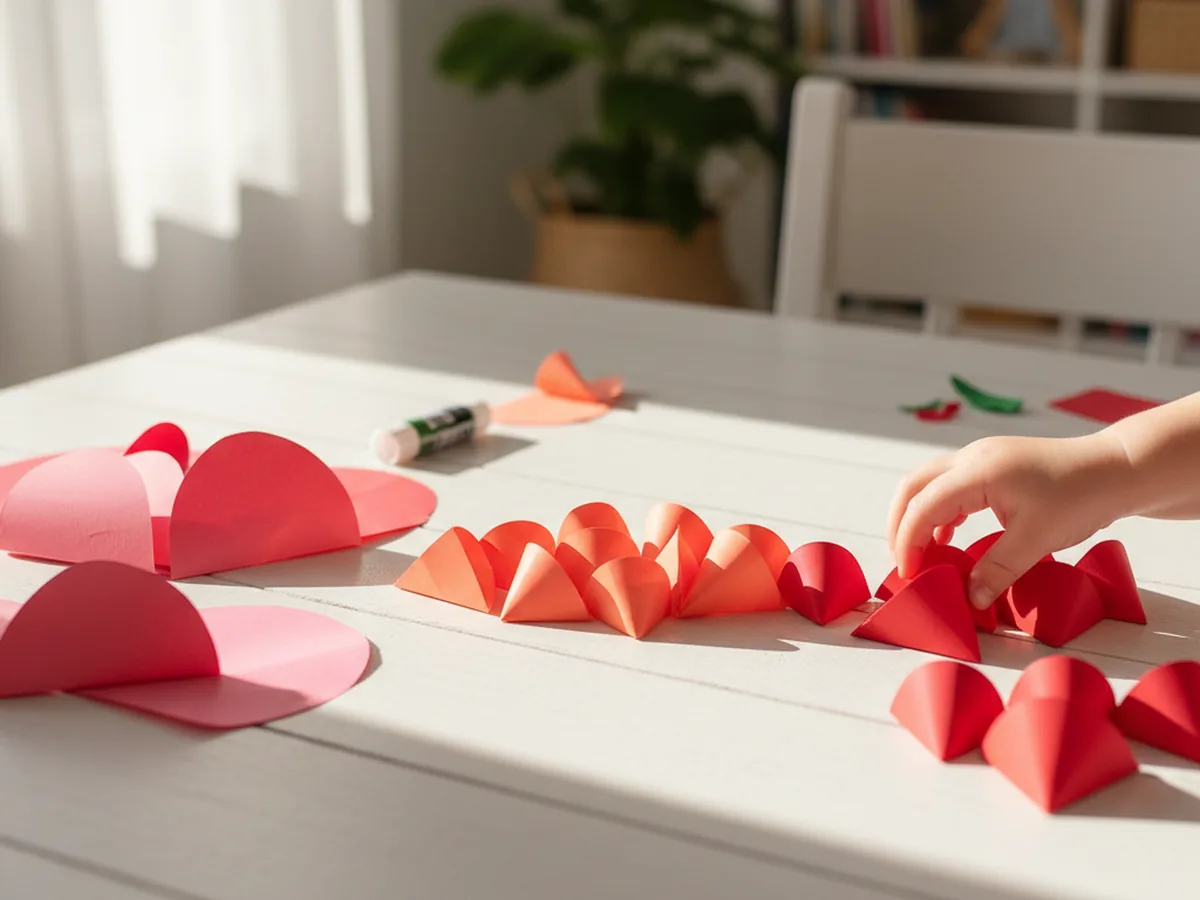 Colorful paper circles folded into quarter-circle cone petal shapes, lined up on a craft table ready to assemble