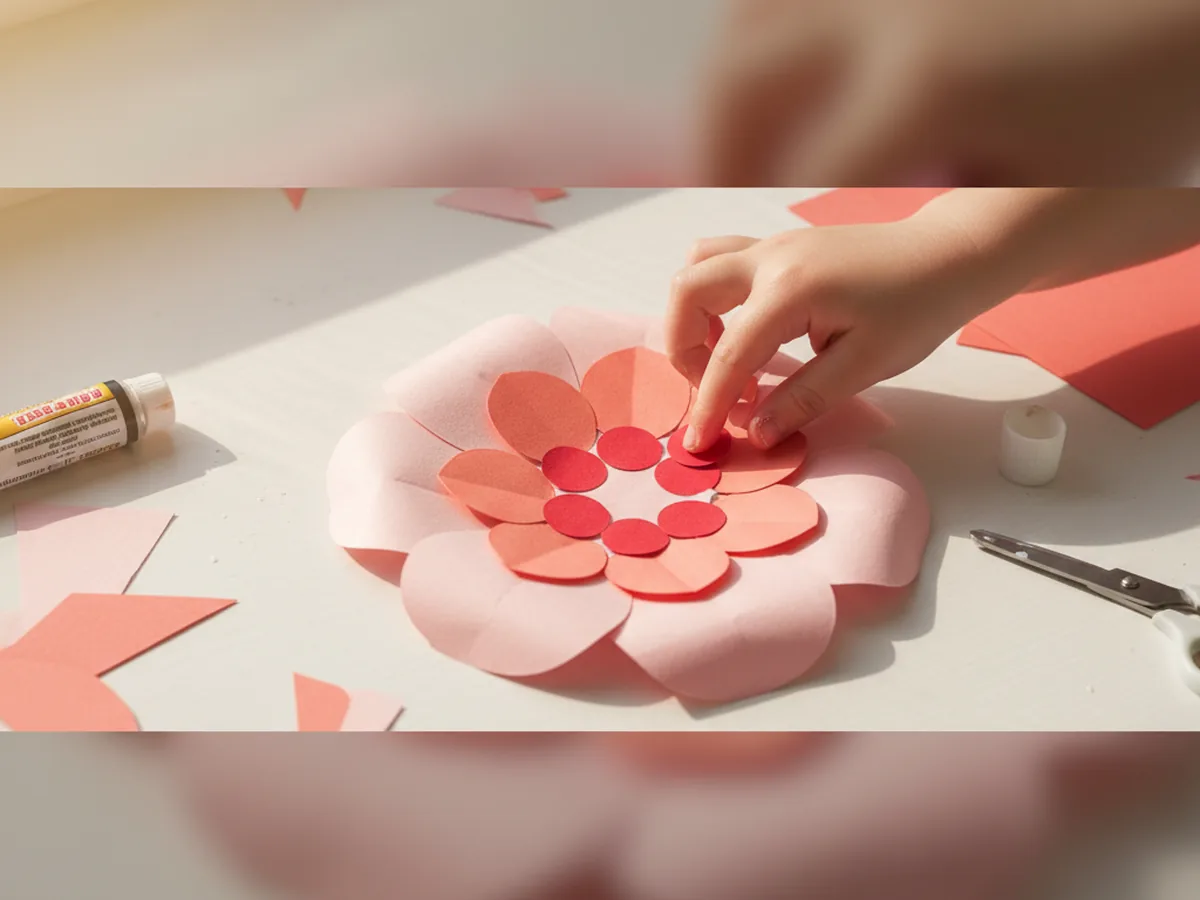 Medium and small paper petals added in two inner rings on top of the outer layer, building up the 3D flower