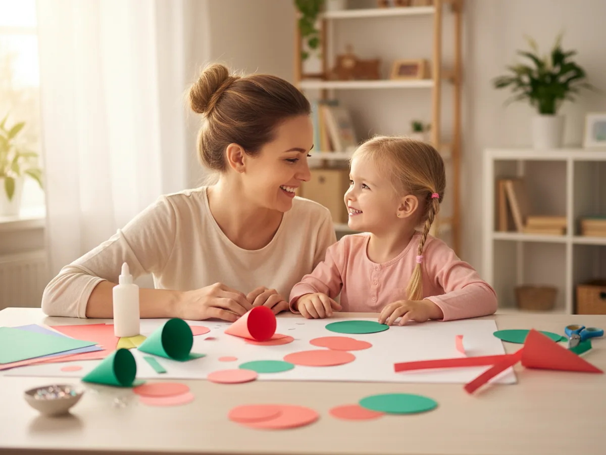 A mom and young child sitting together at a craft table, smiling and starting to make a 3D paper flower craft
