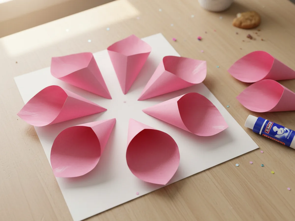 Six large paper petals glued in a ring on a base sheet, forming the outer layer of the 3D paper flower