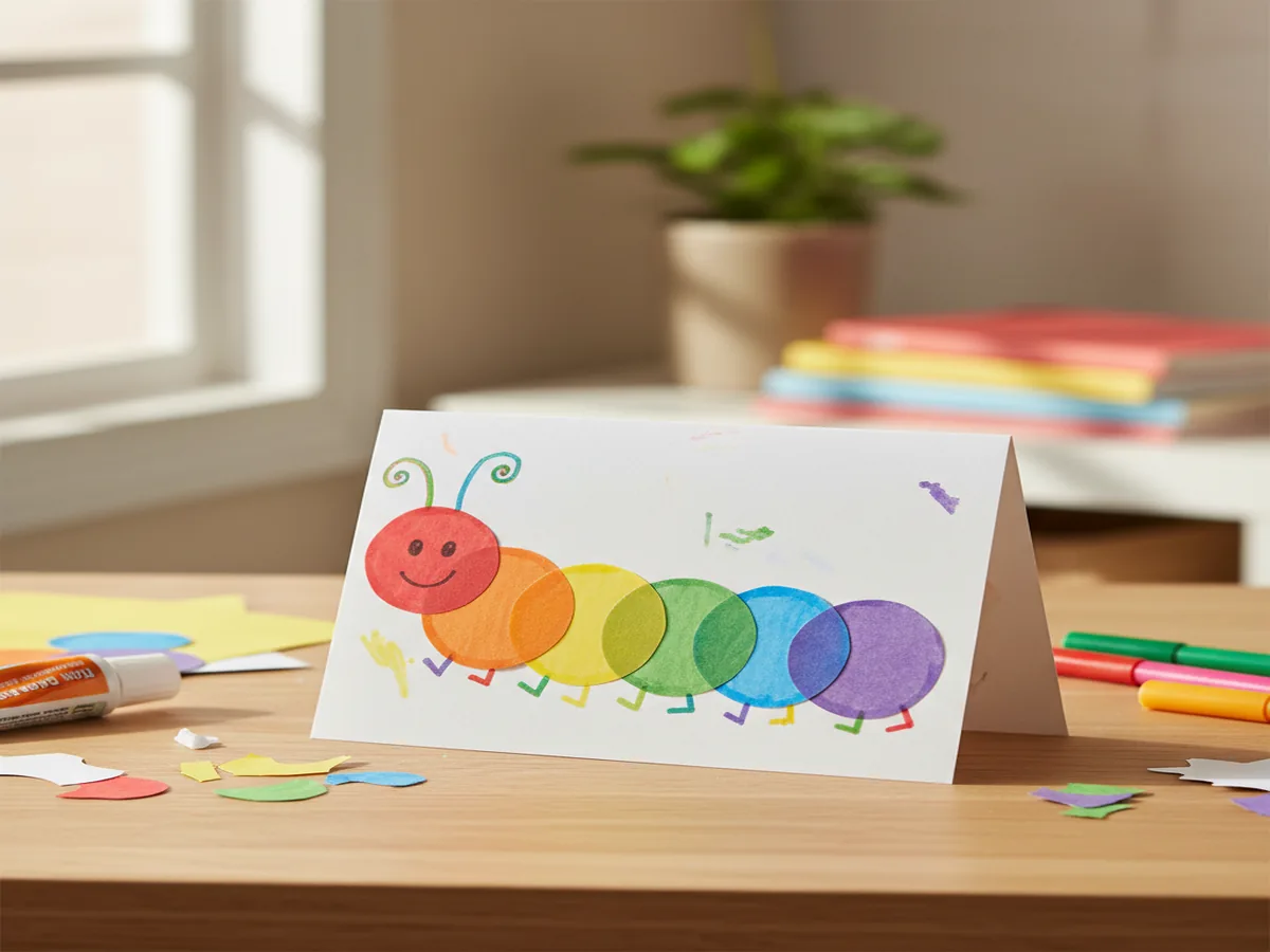 Handmade paper circle caterpillar greeting card with overlapping colored circles on folded paper