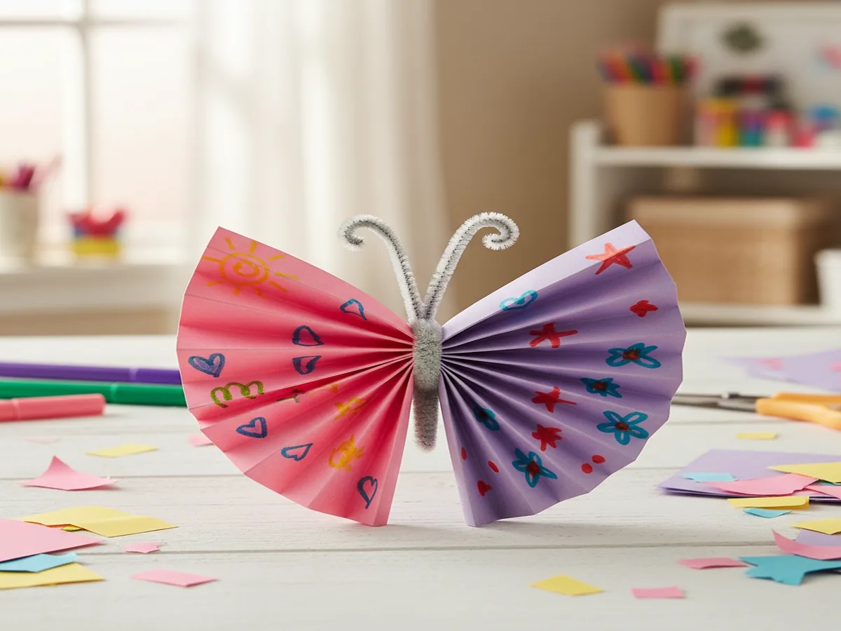 Handmade accordion-folded paper butterfly with colorful wings pinched together in the middle