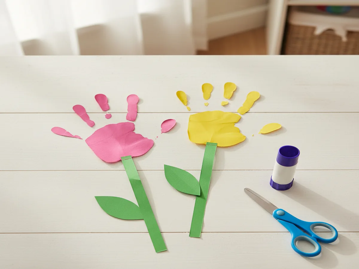 Two handmade paper handprint flowers with cut colored paper hand petals glued onto green paper stems on a craft table