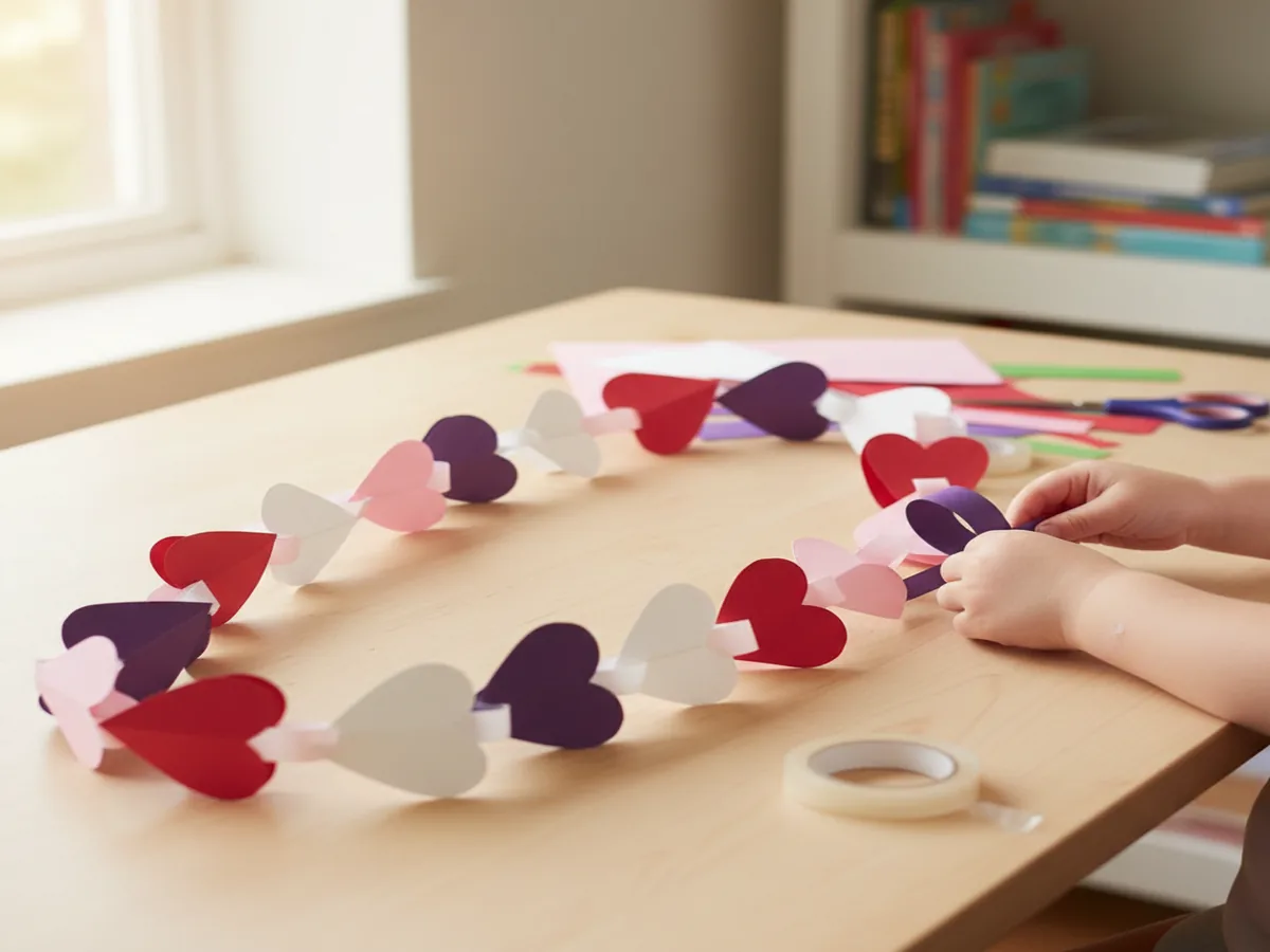 Colorful handmade paper heart chain garland made from linked paper hearts