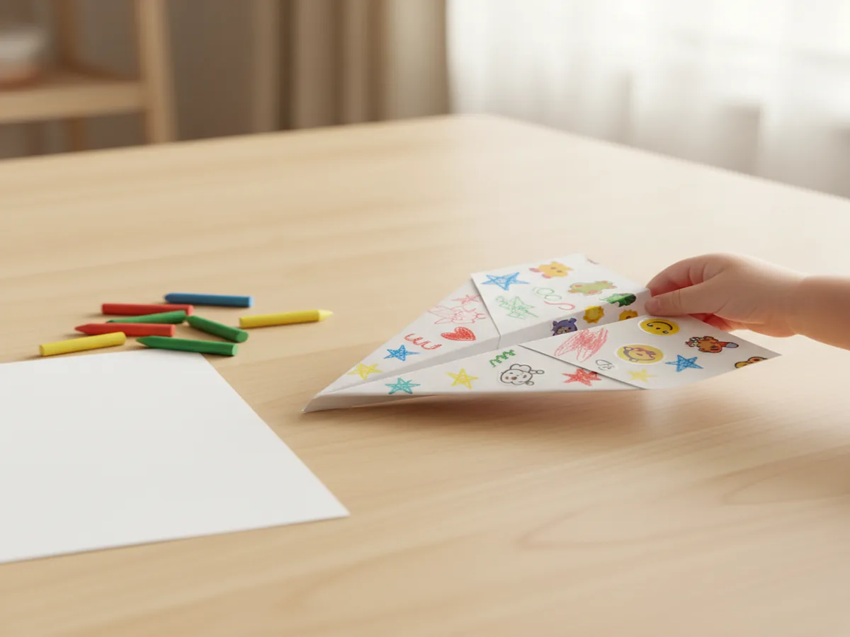 Simple folded paper airplane decorated with stickers and crayon drawings on a craft table