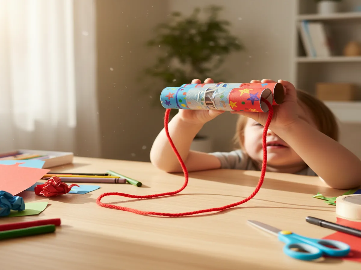 Handmade paper tube binoculars made from two paper rolls taped together with marker decorations and a neck string