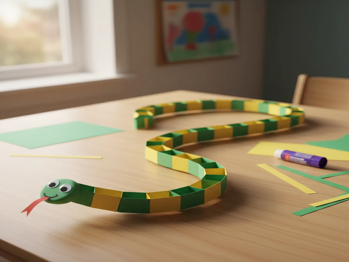 Long colorful paper chain snake with alternating color loops and a drawn face at the head