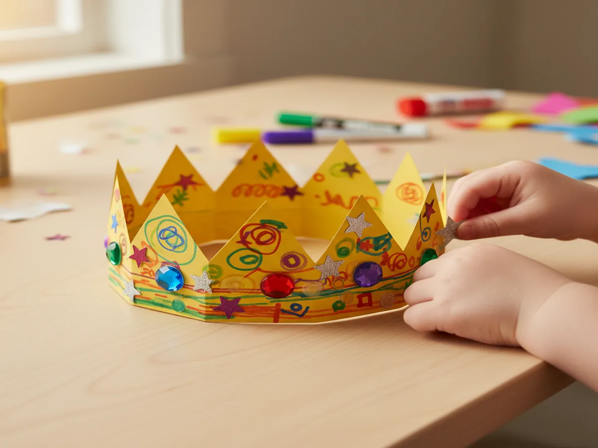 Handmade paper crown with zigzag points decorated with markers and sticker gems