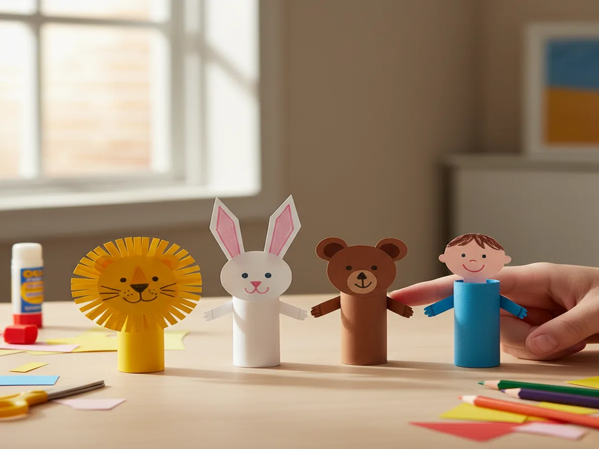 Handmade paper finger puppets — small paper tubes with drawn faces and paper ears on a craft table