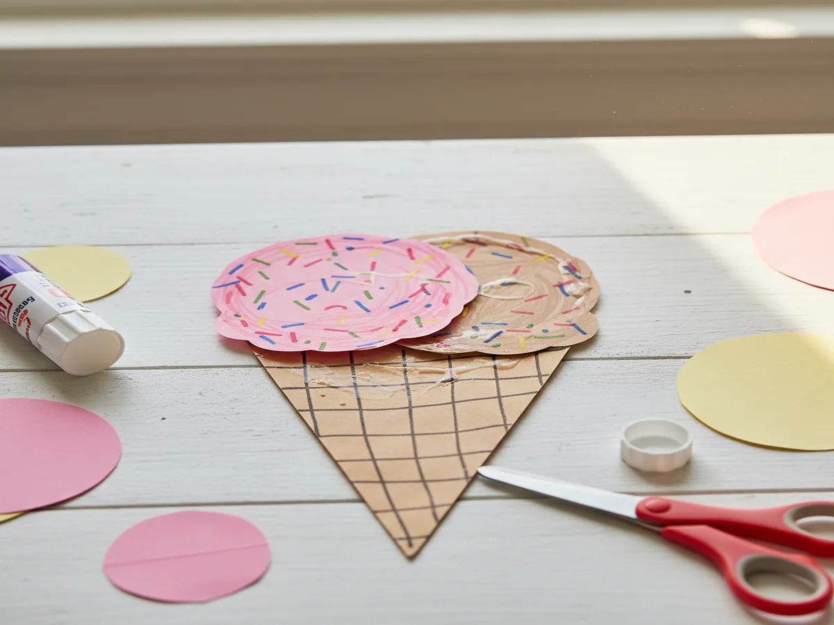 Handmade paper ice cream cone craft with brown triangle cone and colorful stacked paper circle scoops