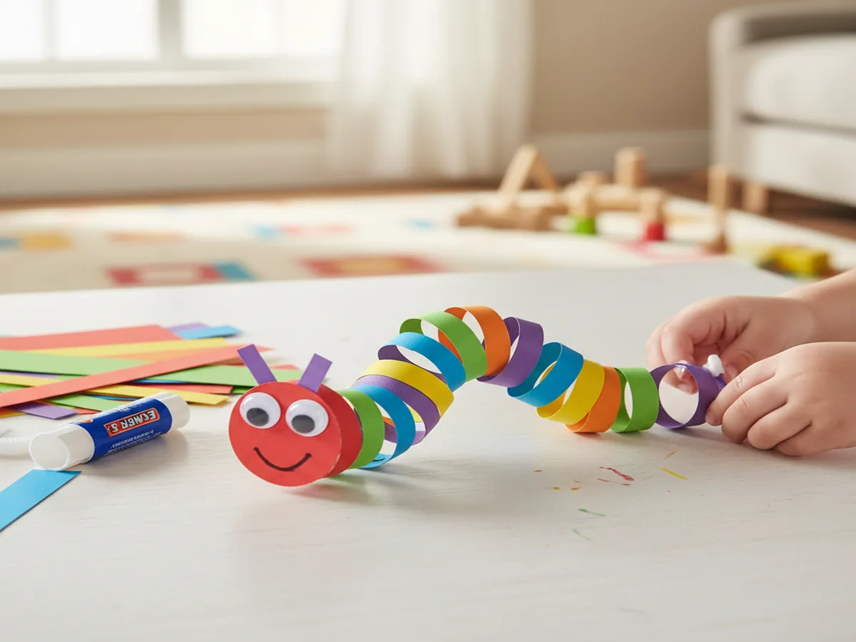 Colorful paper loop chain caterpillar craft with googly eyes on a white table