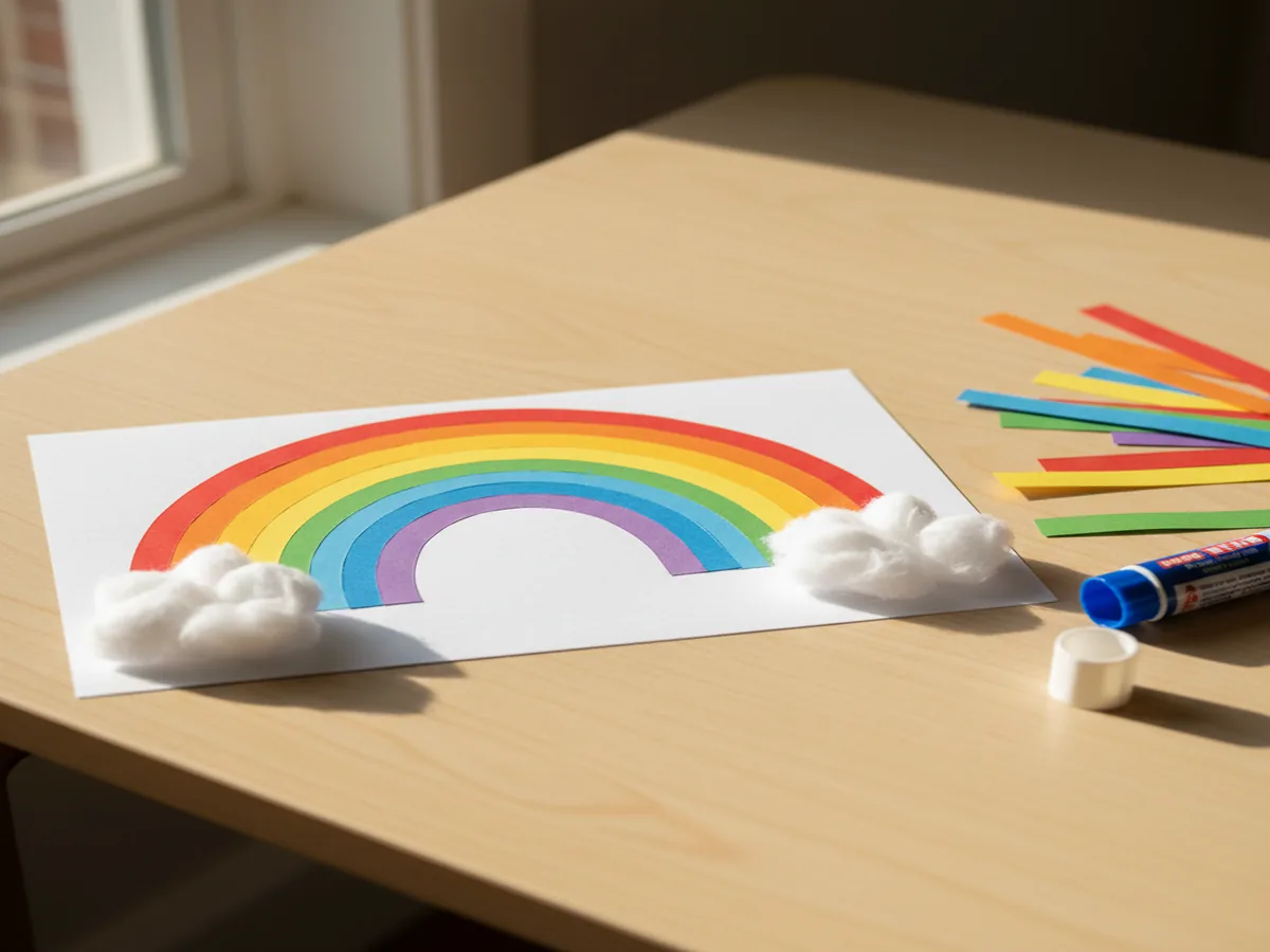 Handmade paper strip rainbow with colored arched strips and cotton ball clouds on white background