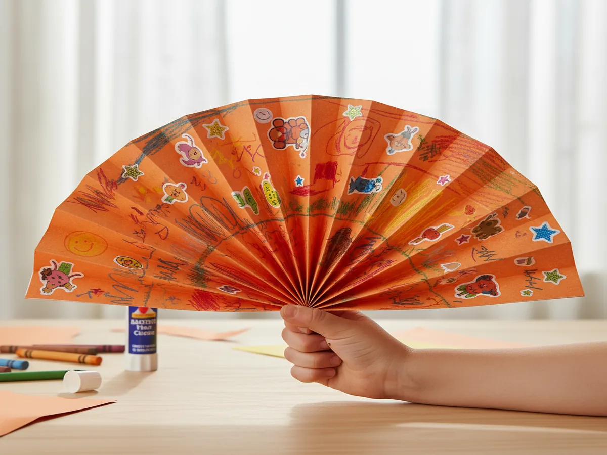 Handmade accordion-fold paper fan decorated with colorful crayon drawings held open by a child