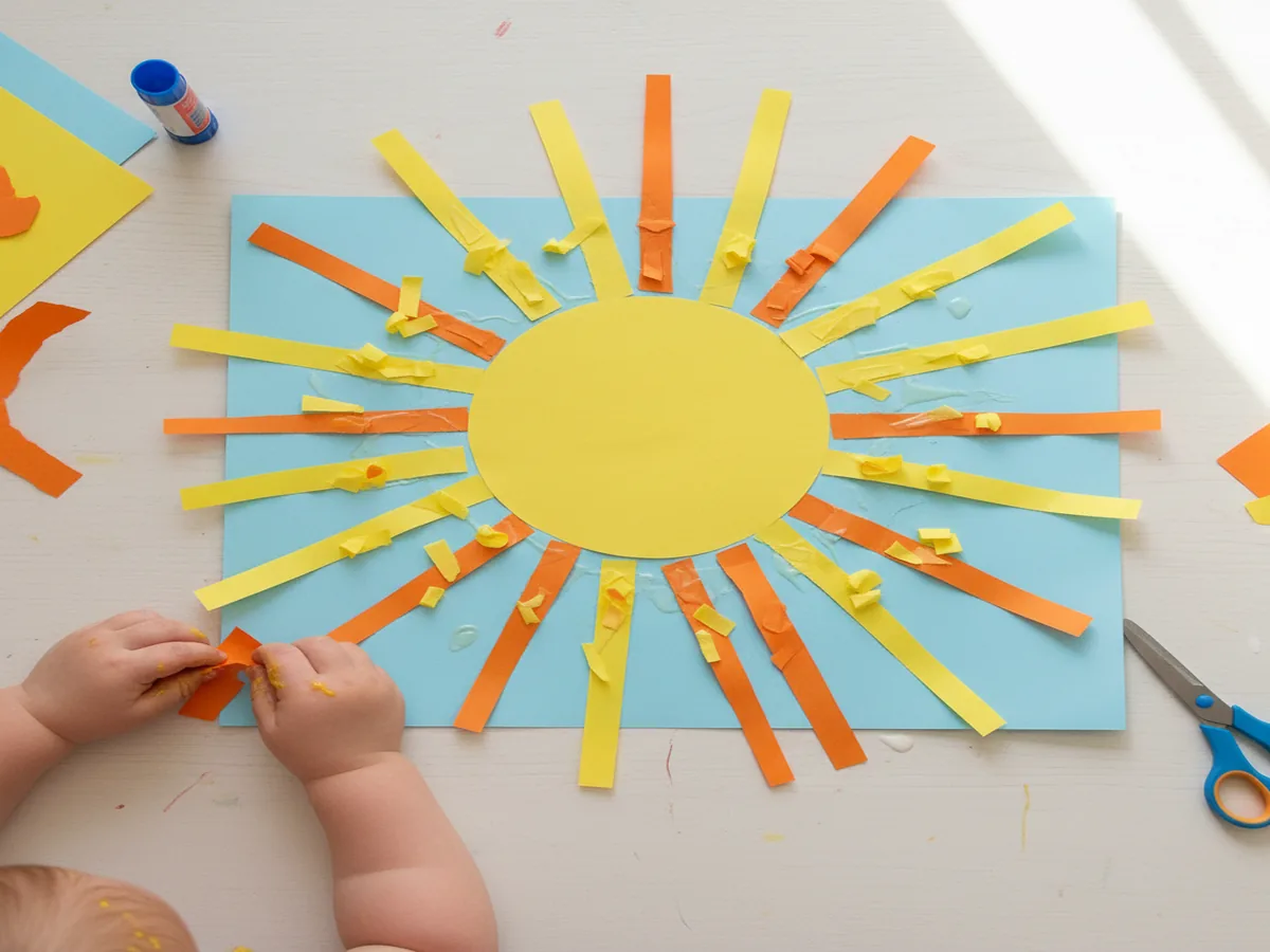 Handmade torn paper sun with yellow circle and torn paper strip rays on white background