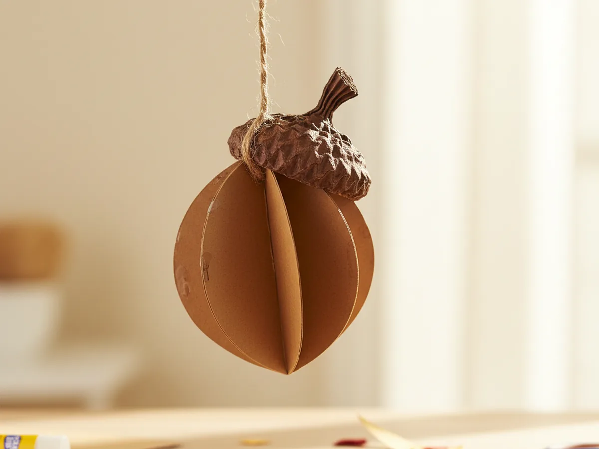A three-dimensional folded paper acorn sculpture made from four glued brown paper halves hanging from a string