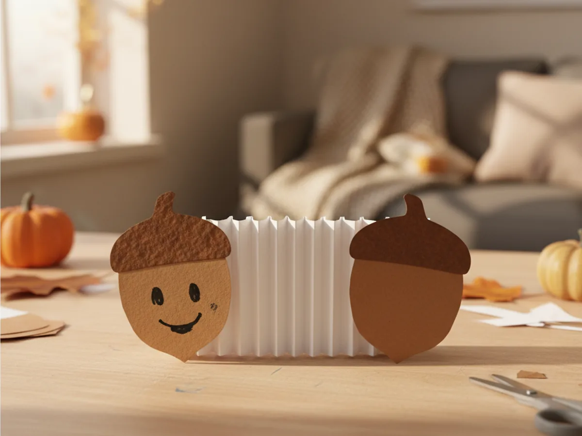 A pop-up accordion paper acorn card with two brown acorn shapes connected by a folded paper strip on a wooden craft table