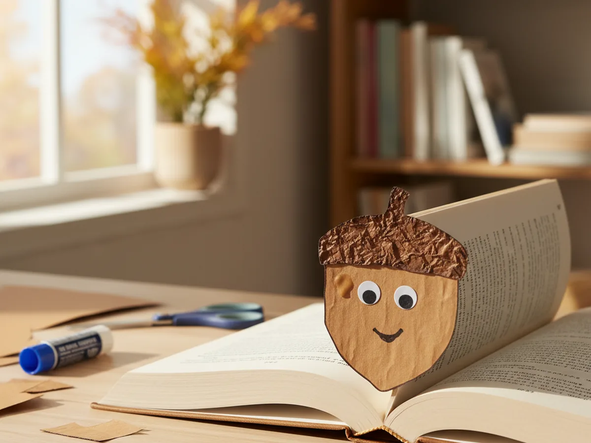 A handmade paper corner bookmark shaped like a brown acorn with a textured cap and friendly googly eyes on a book page