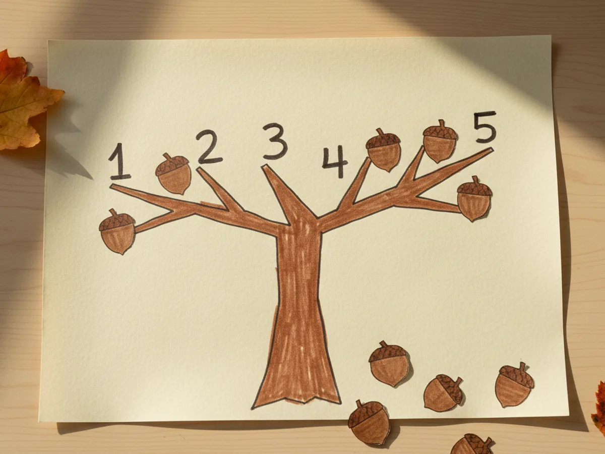 A handmade oak tree counting activity with numbered branches and small paper acorns placed on each branch