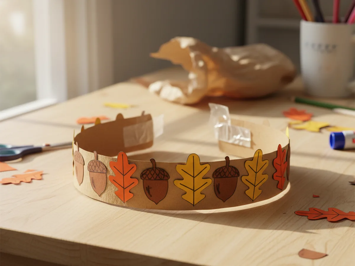 A handmade paper crown headband decorated with small brown paper acorns and orange oak leaves on a craft table