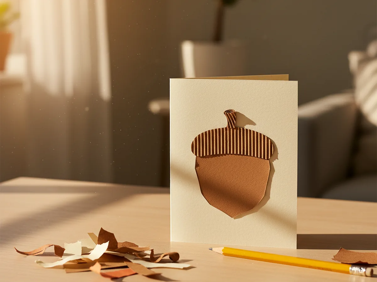 A handmade folded fall greeting card with a brown paper acorn shape and darker paper cap glued on the front