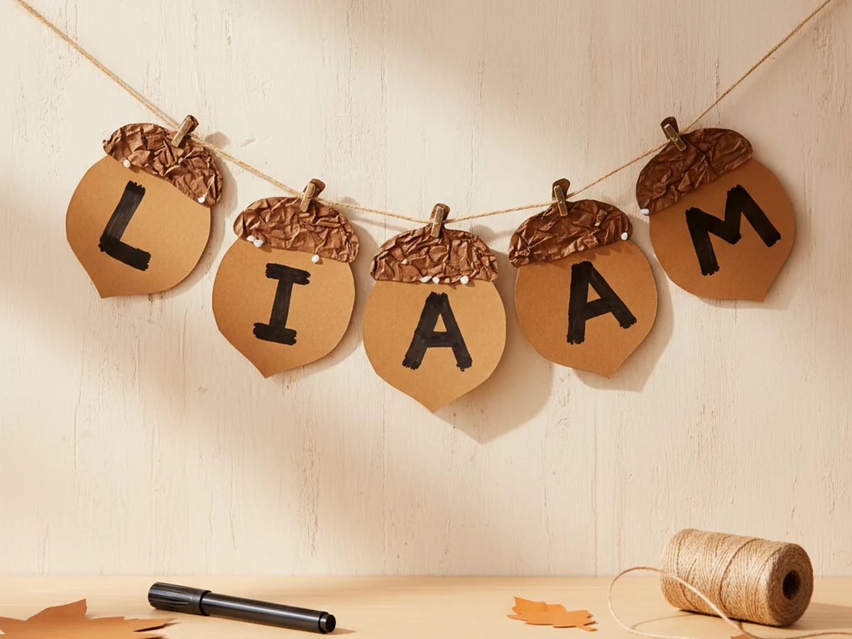A handmade paper acorn name banner with brown acorn shapes each labeled with a single letter strung together on twine