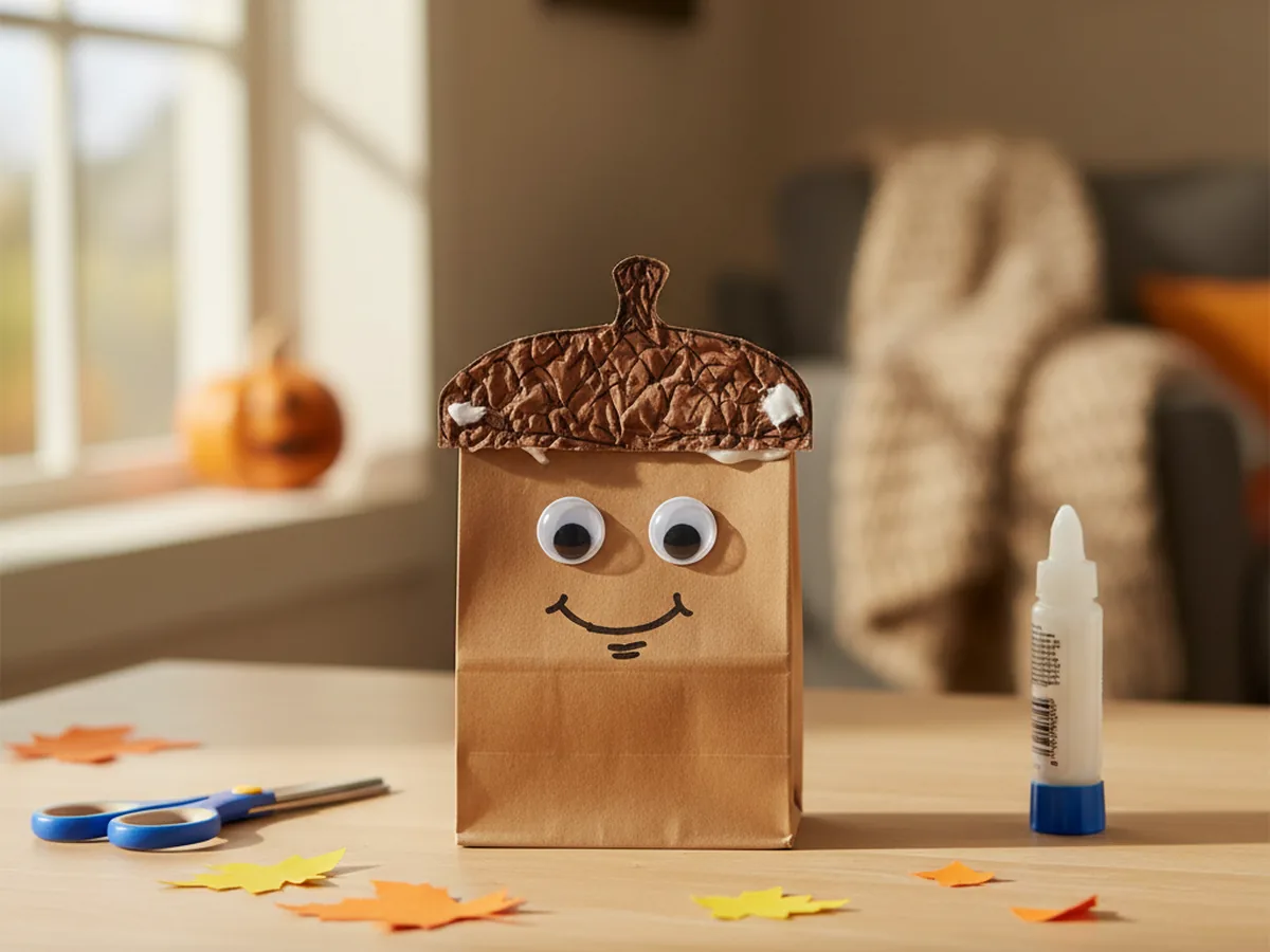 A small brown paper bag decorated as an acorn puppet with a darker brown cap, googly eyes, and a friendly smile
