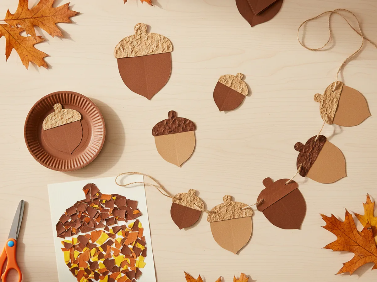 A warm spread of handmade acorn paper crafts including cutout acorns, paper acorn garlands, and acorn collages on a wooden craft table