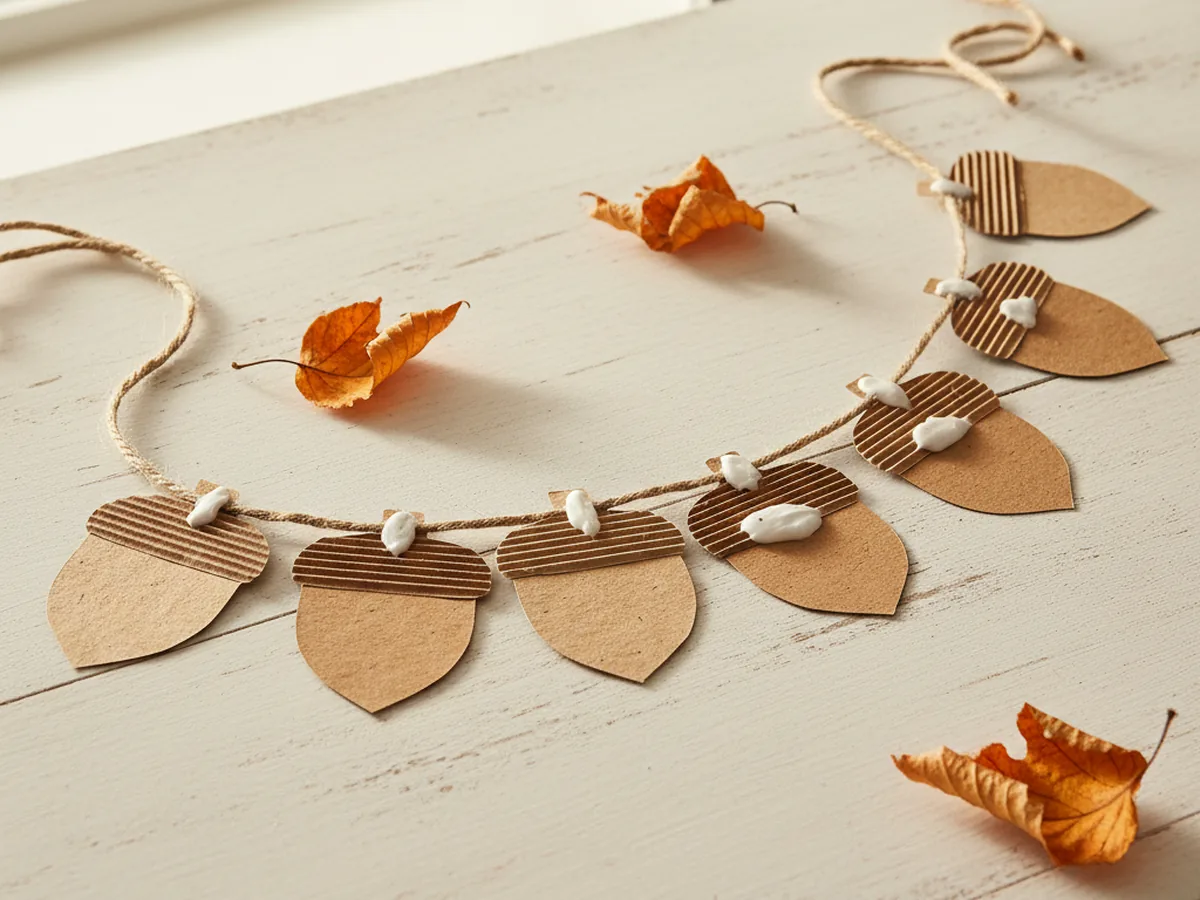 A handmade paper acorn garland with brown and tan paper acorn shapes strung on yarn draped on a wooden surface