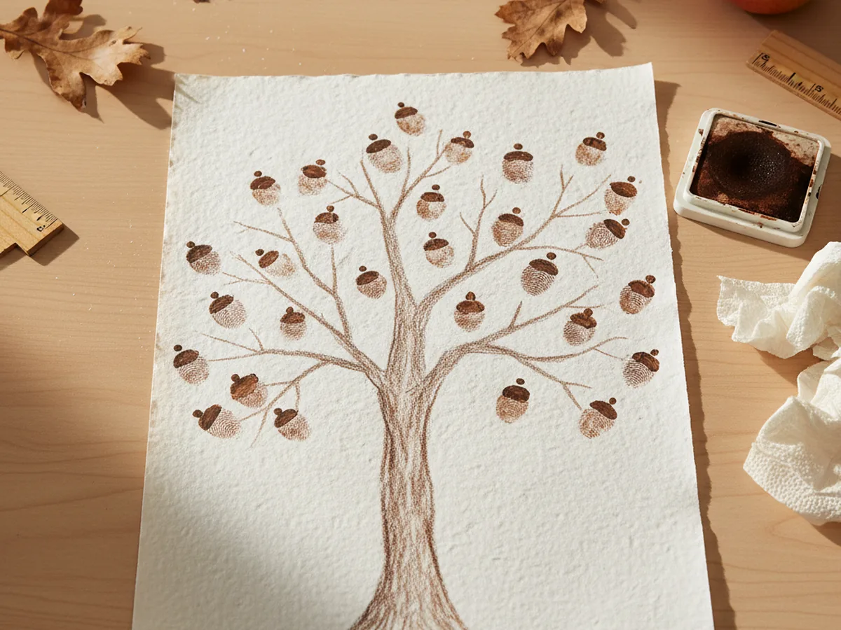 A handmade oak tree craft on paper with small brown fingerprint acorns dotted across the branches