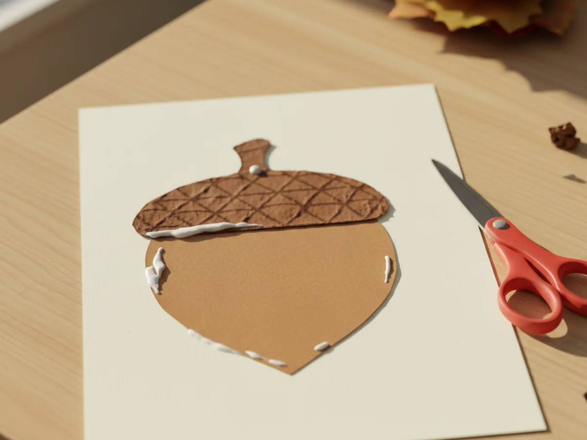 A heart-shaped paper acorn craft with an upside-down brown paper heart body and a darker textured cap on top