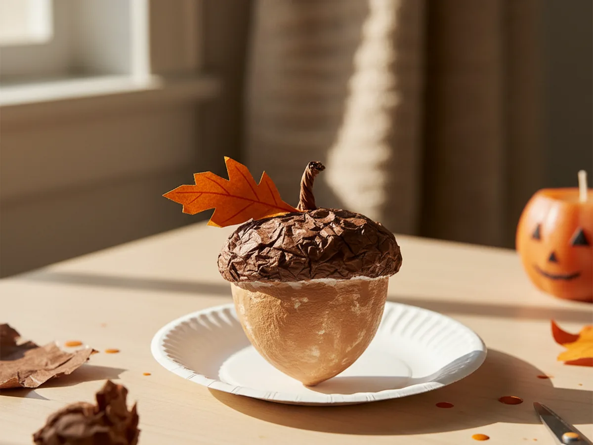 A handmade paper plate acorn craft with a brown body, textured cap, small stem, and curled paper leaf on a craft table
