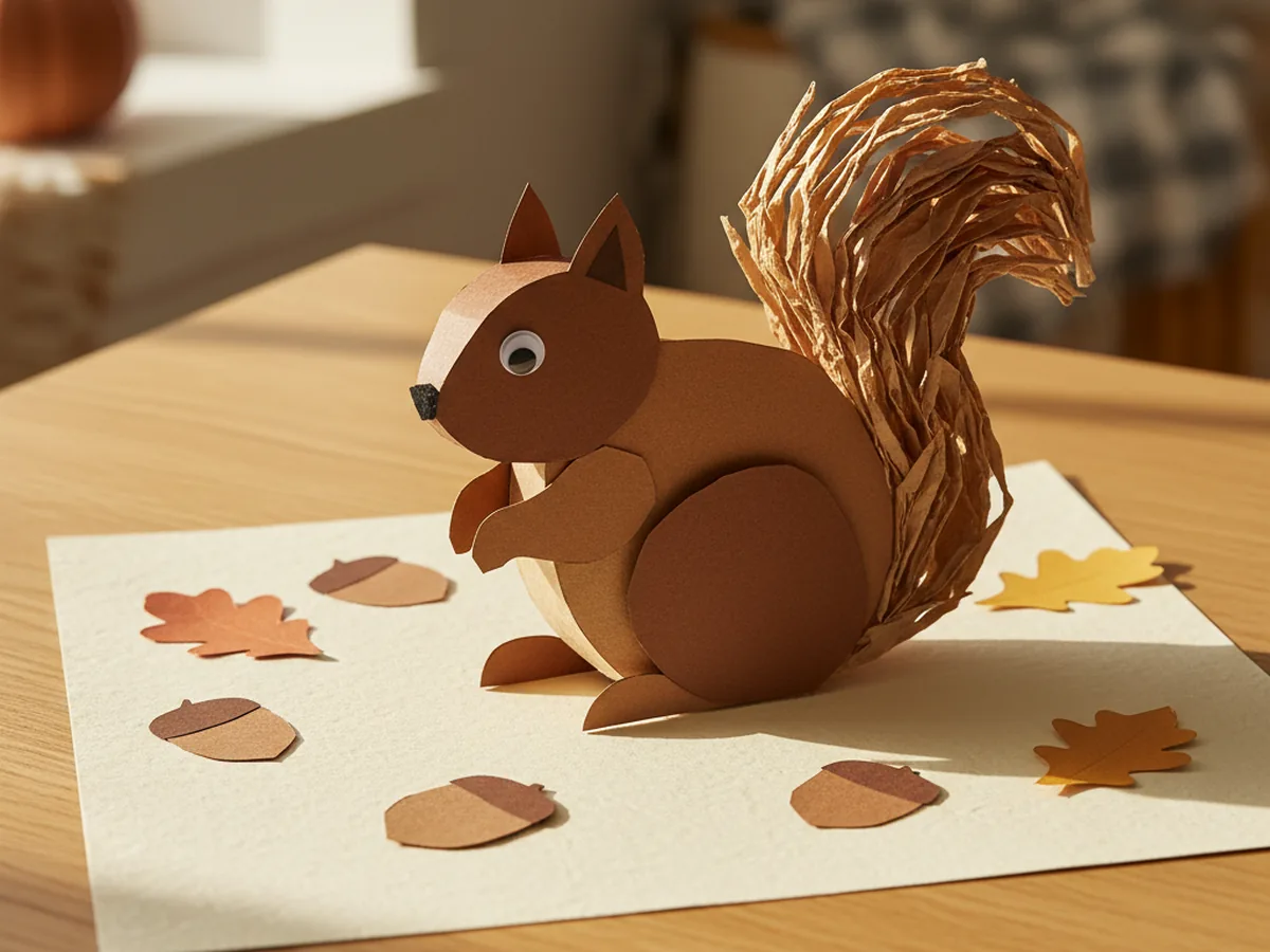 A paper collage of a brown squirrel with a curly paper tail surrounded by small paper acorns and orange oak leaves