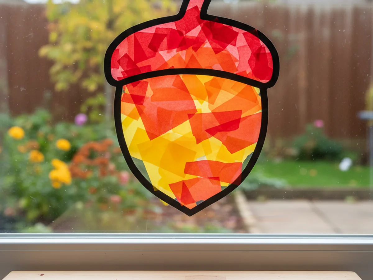 A handmade acorn-shaped sun catcher with red, orange, and yellow tissue paper inside a black paper acorn frame, hanging in a window
