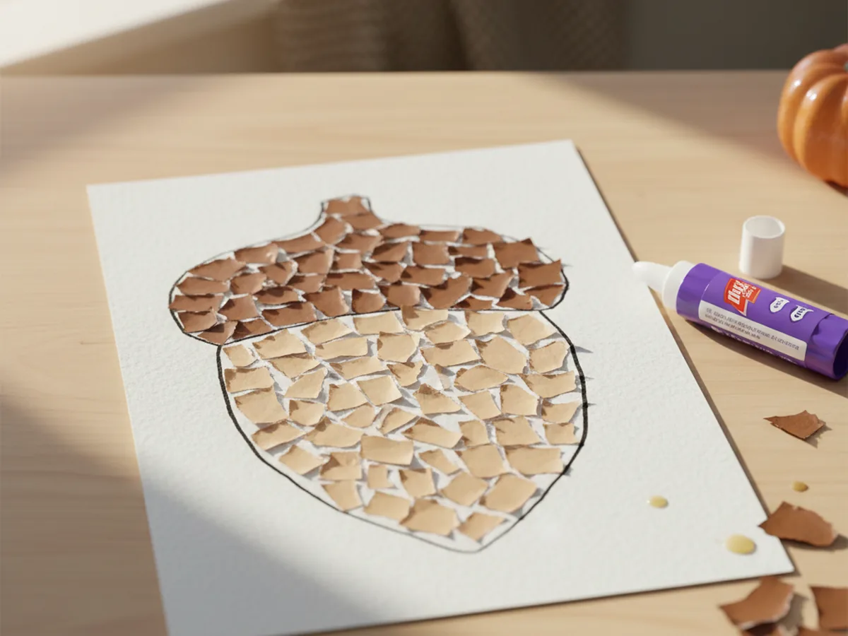 A torn paper acorn mosaic with small brown and tan paper pieces glued inside an acorn outline on white paper