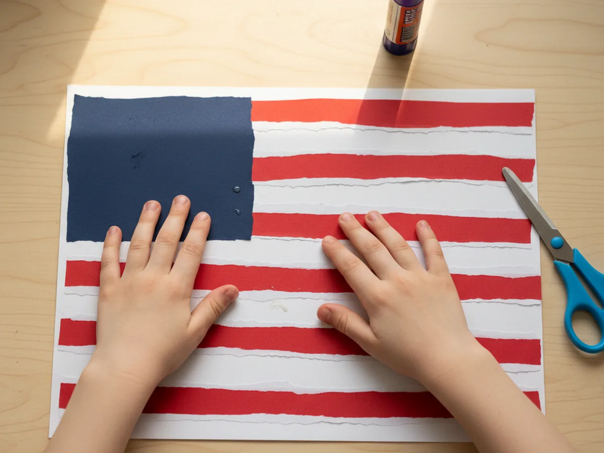 A child gluing a small navy blue paper rectangle onto the top left corner of an American craft paper flag with completed red and white stripes underneath, with a purple glue stick and scissors sitting on a light wood craft table beside the flag