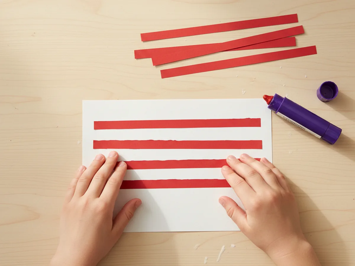 A child pressing thin red paper stripes onto a white paper rectangle to form the alternating stripes of an American craft paper flag with three red stripes already glued down and three more waiting next to a purple glue stick on a light wood craft table