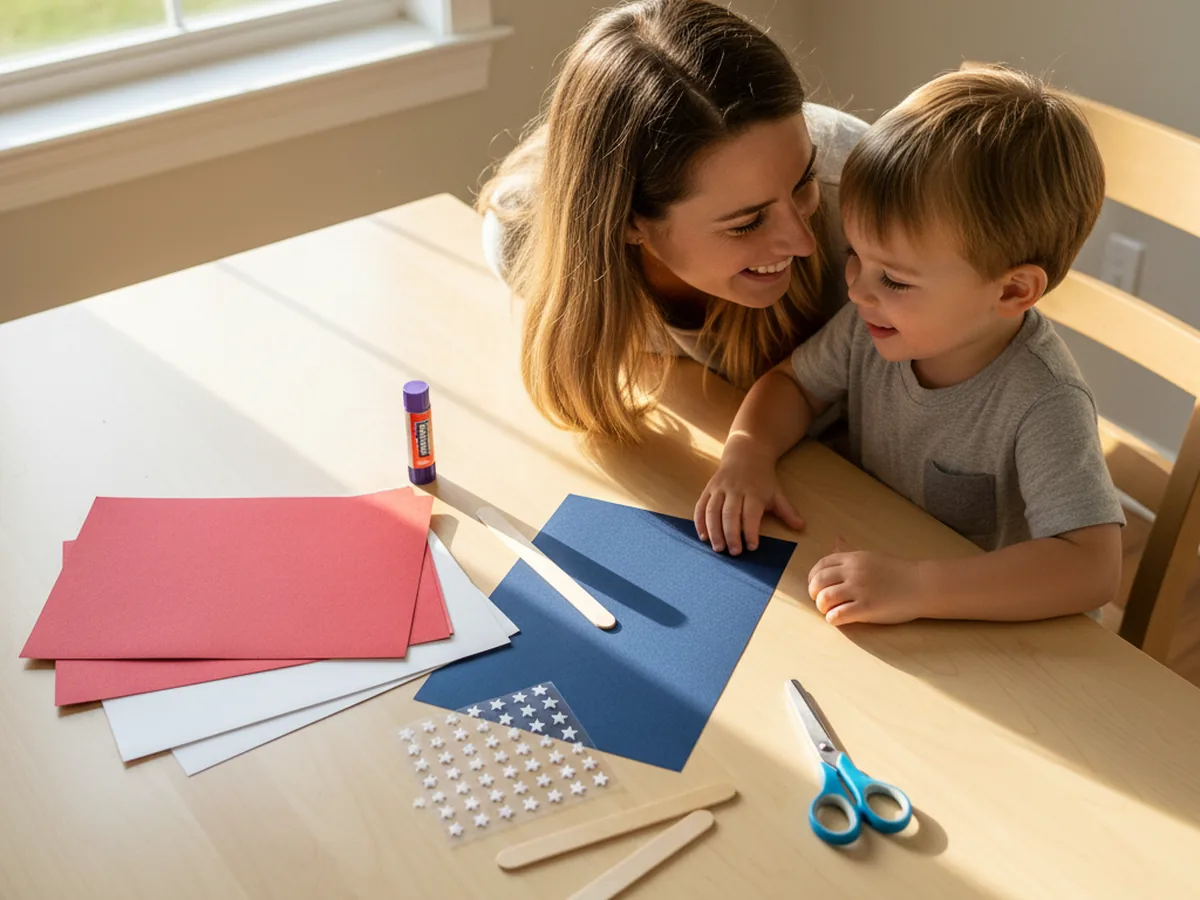 A mom and young child sitting together at a light wood craft table with red, white, and navy blue construction paper, a sheet of small white star stickers, jumbo wooden craft sticks, kid scissors, and a purple glue stick getting ready to make an American craft paper flag