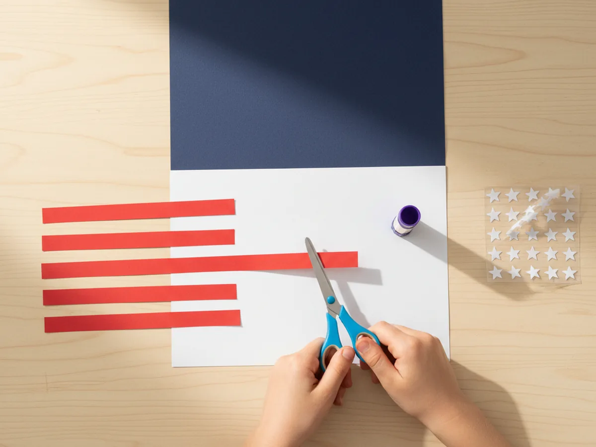 A child cutting six thin red construction paper strips for the stripes of an American craft paper flag on a light wood craft table with the white paper base, navy blue paper, glue stick, and scissors nearby