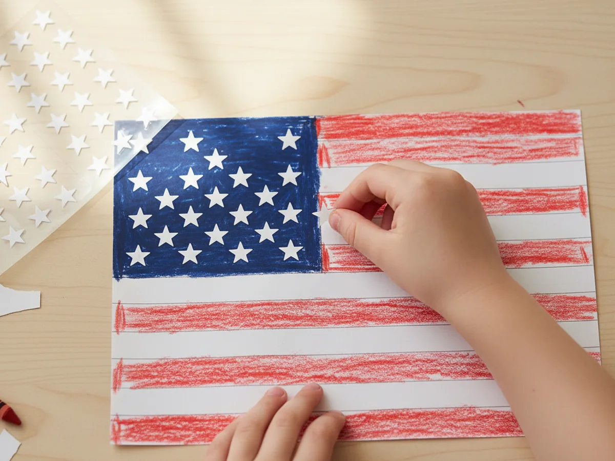 A child pressing small round white star stickers onto the navy blue corner of a handmade American craft paper flag with red and white stripes, with a partially used sheet of star stickers beside it on a light wood craft table