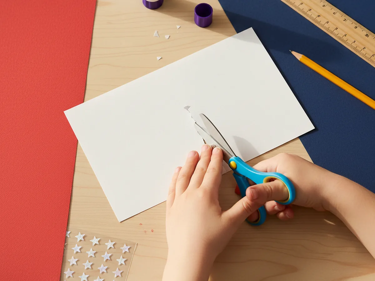 A child's hands cutting a white construction paper rectangle about seven inches wide and five inches tall on a light wood craft table with red and navy blue construction paper, scissors, a glue stick, and a small sheet of white star stickers nearby