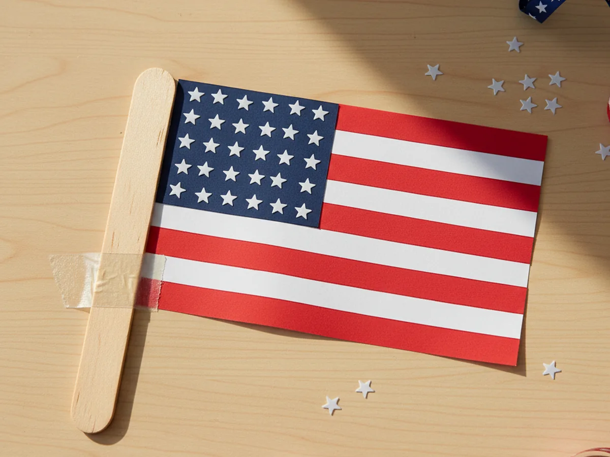 Finished handmade American craft paper flag with seven red stripes, six white stripes, a navy blue rectangle in the top left corner filled with small white star stickers, taped to a jumbo wooden craft stick handle on a light wood craft table