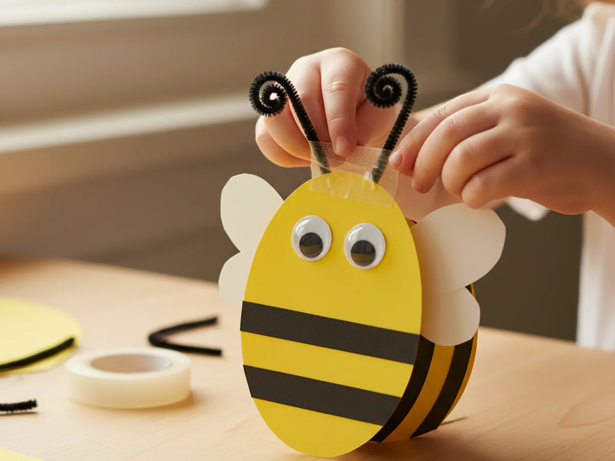 A child taping two curled black pipe cleaner antennae to the top of a finished paper bee with eyes and wings