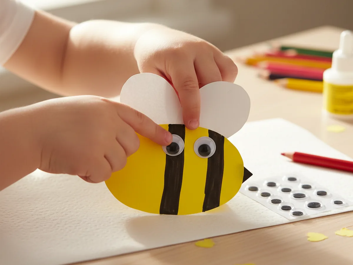 A child pressing two self-adhesive googly eyes onto the top of a yellow and black paper bee body with white wings