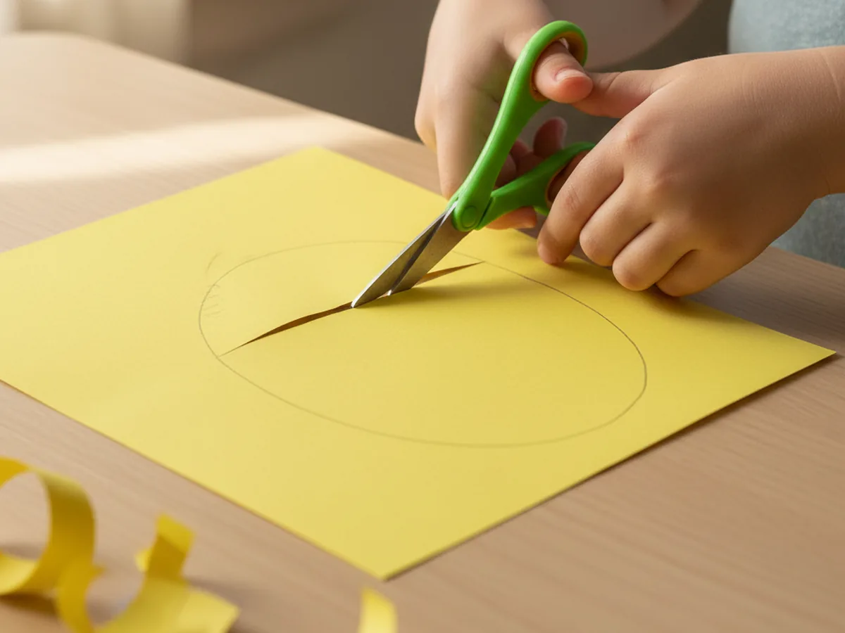 A child cutting out a large yellow oval body shape from construction paper for a paper bee craft