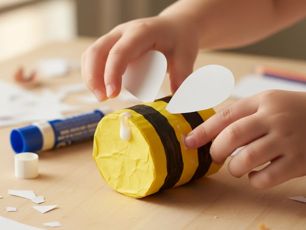A child gluing two white rounded paper wings onto the back of a yellow and black striped paper bee body