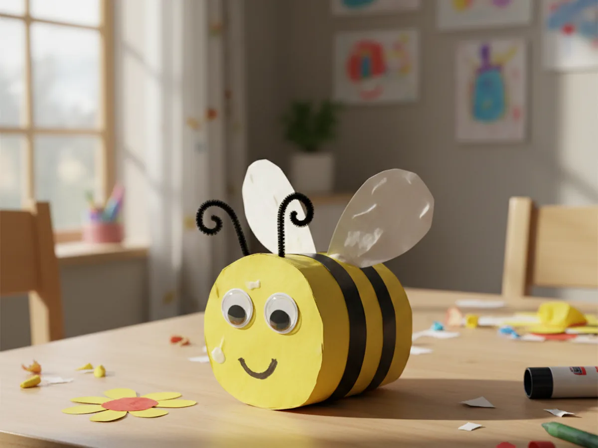 A finished cheerful paper bee craft with yellow body, black stripes, white wings, googly eyes, curly antennae, and a smile