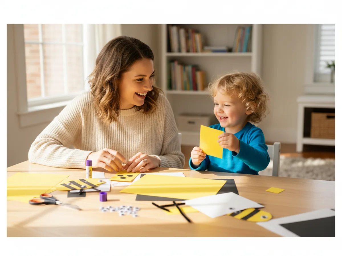 A mom and young child sitting together at a craft table with yellow and black construction paper for a paper bee craft